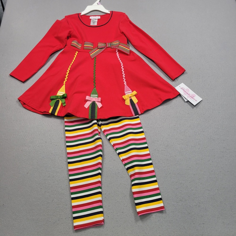 Bonnie Jean Girls Red Crayon Dress and Striped Legging Set Size 6 Back to School